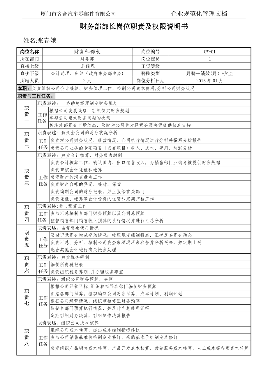 财务部部长岗位职责及权限说明书.doc_第1页