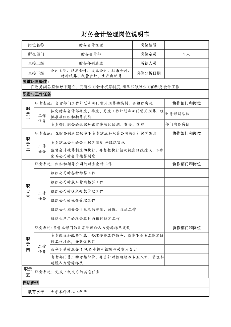 财务会计经理岗位说明书.docx_第1页