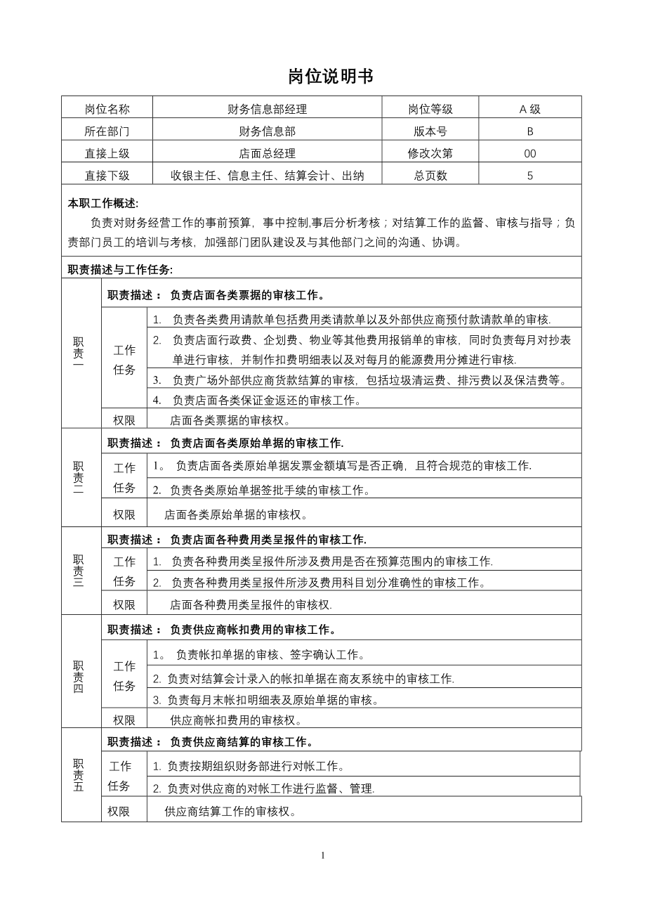 财务信息部经理岗位说明书.doc_第1页