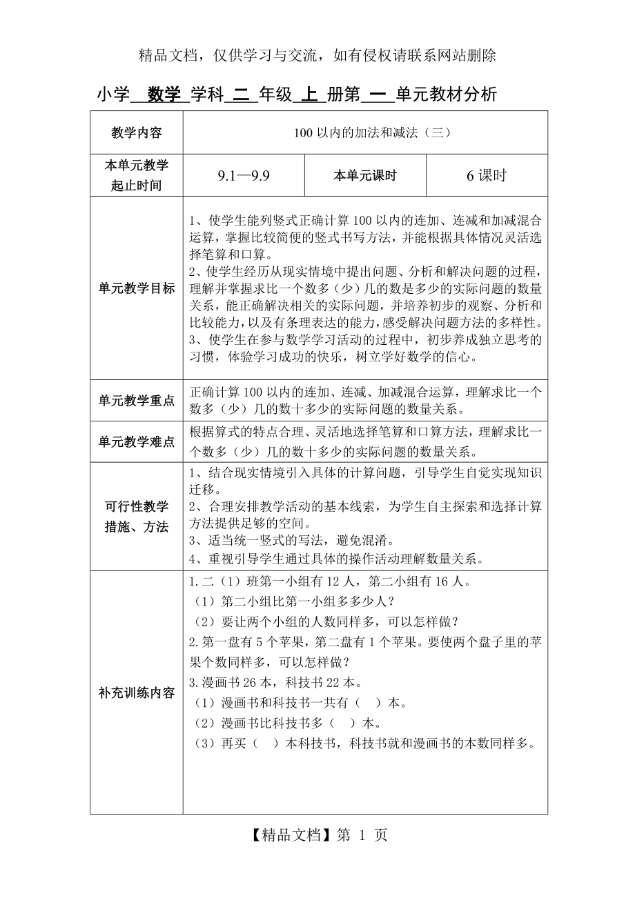 苏教版数学小学二年级上册全册集体备课及单元分析.doc_第1页