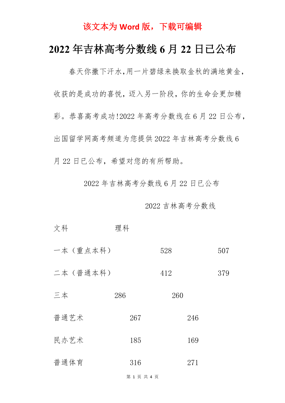 2022年吉林高考分数线6月22日已公布.docx_第1页