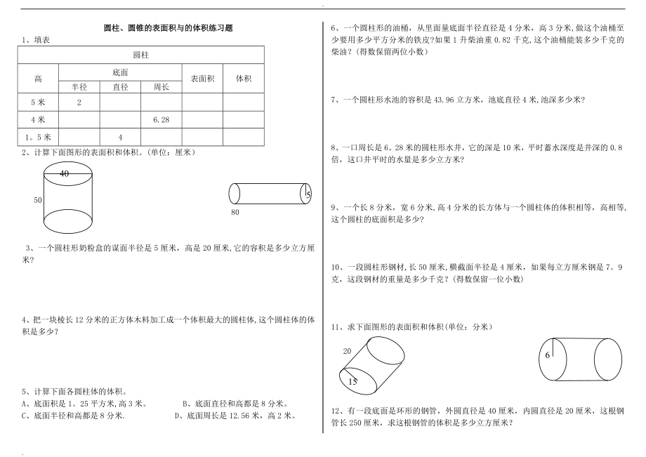 圆柱、圆锥的表面积和体积练习题.doc_第1页