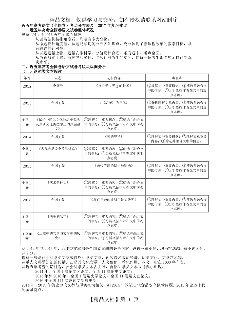 近五年高考语文(全国卷)考点分布表及.doc_第1页