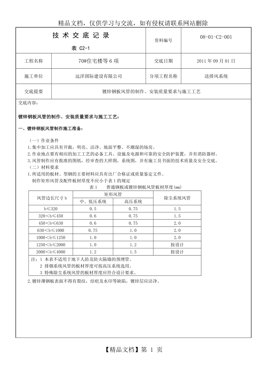 镀锌钢板风管的制作、安装施工工艺.doc_第1页