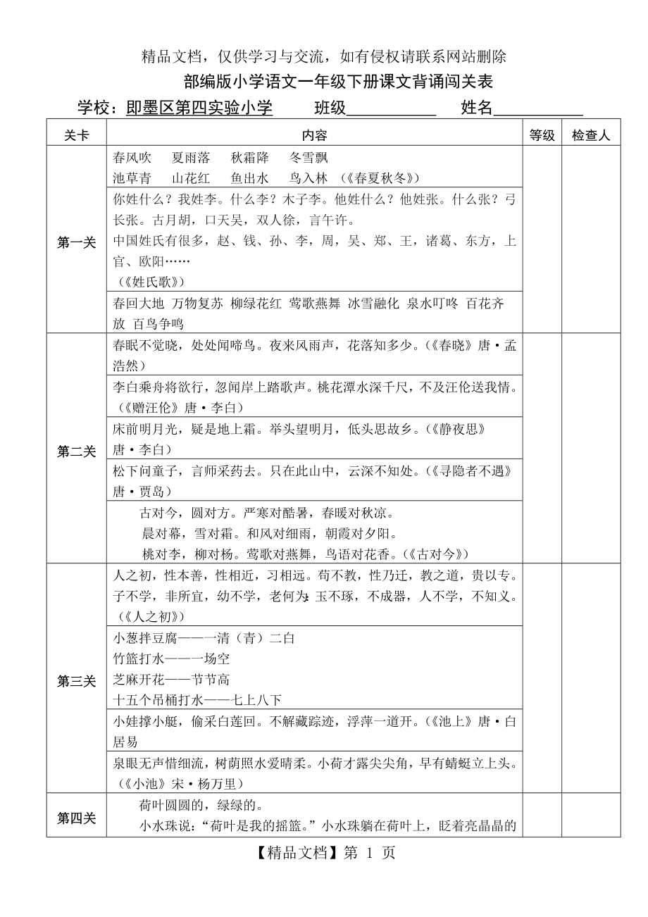 部编版小学语文一年级下册课文背诵闯关表.docx_第1页