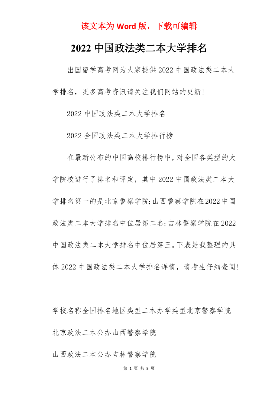 2022中国政法类二本大学排名.docx_第1页