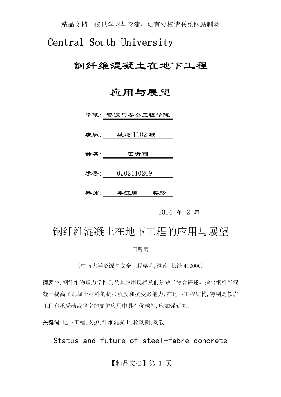 钢纤维混凝土在地下工程的应用与展望.docx_第1页