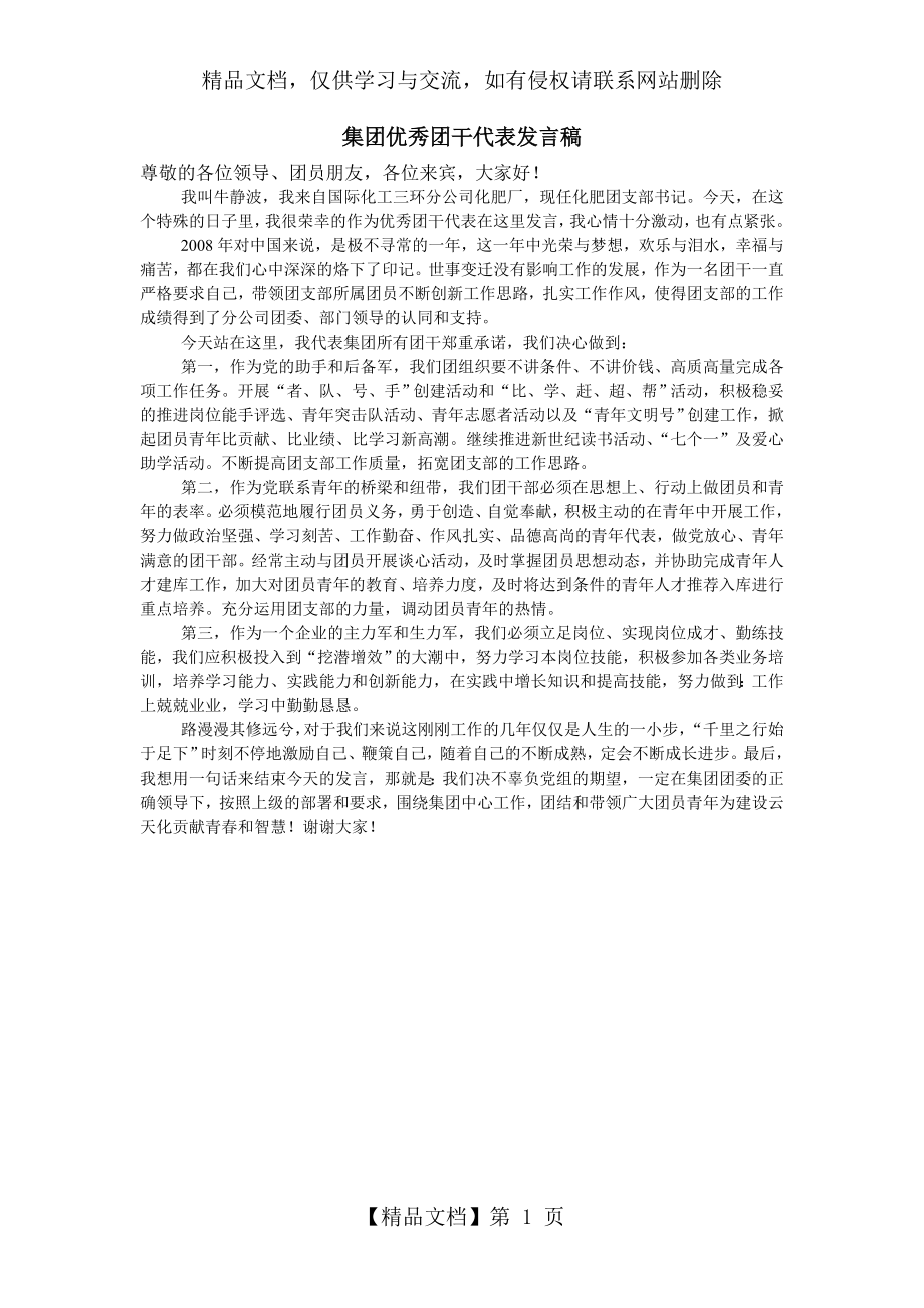 集团优秀团干代表发言稿.doc_第1页