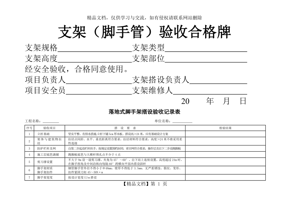 脚手架搭设验收记录表.doc_第1页