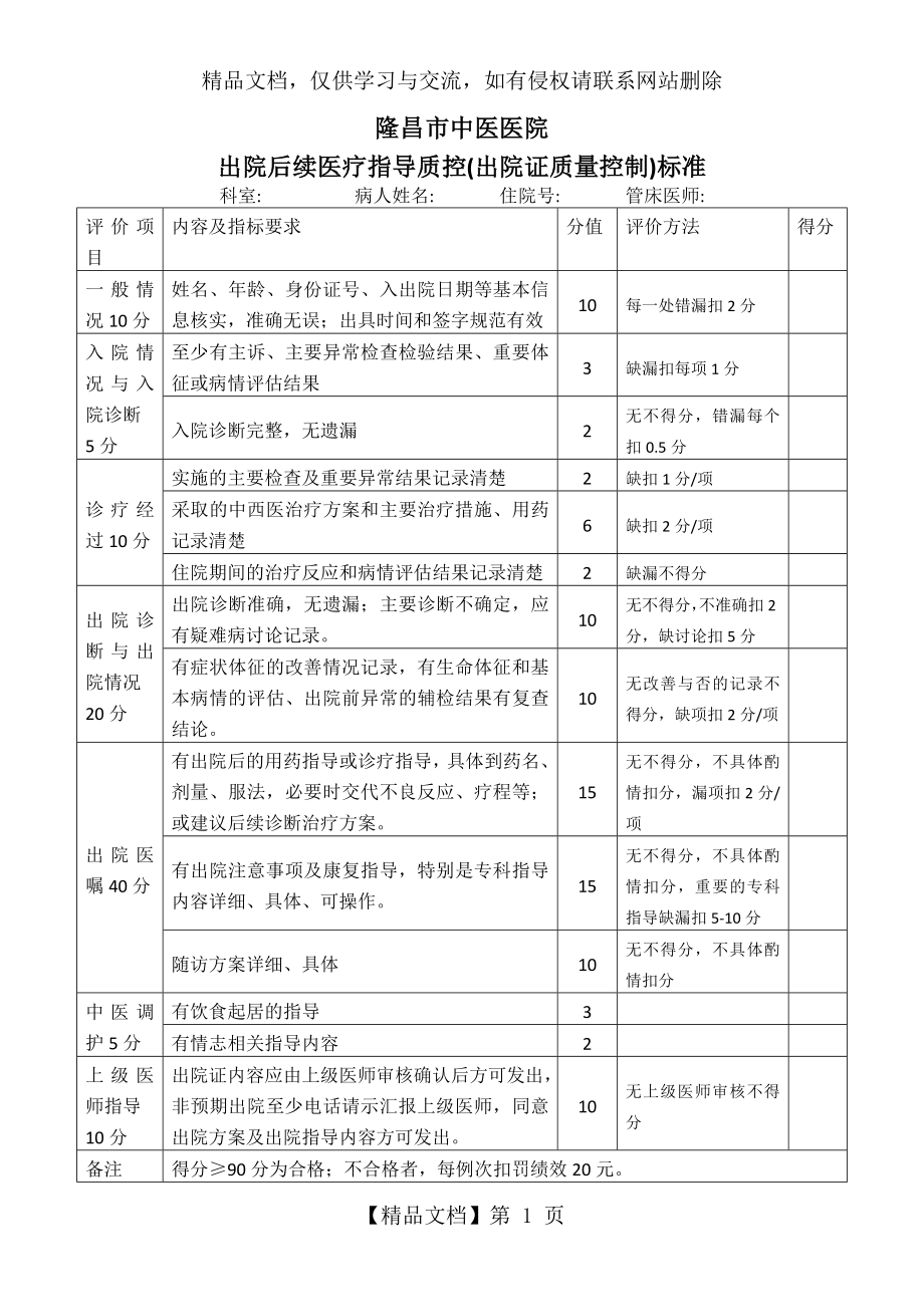 隆昌市中医医院出院后续医疗指导质控标准.docx_第1页