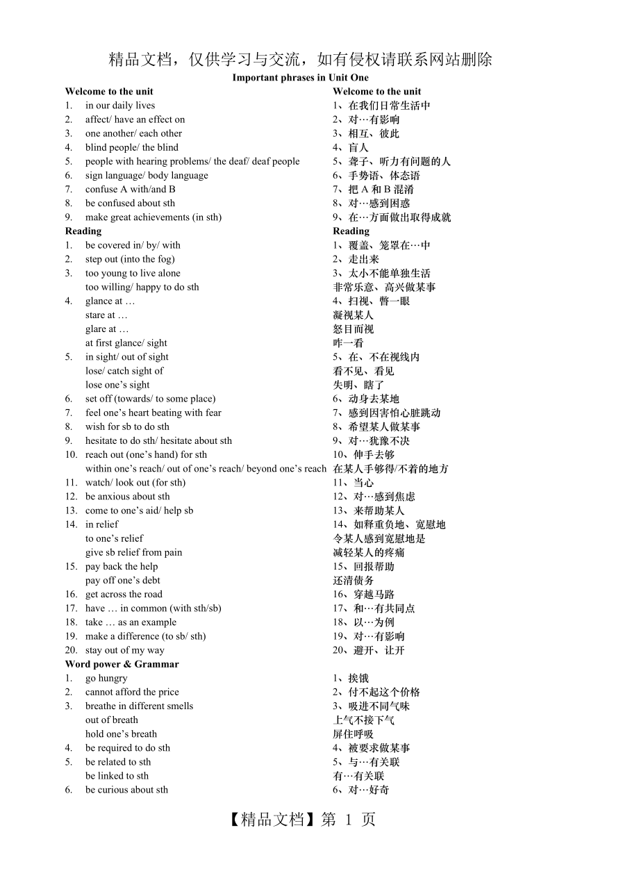 译林牛津高中英语M3U1词组.doc_第1页