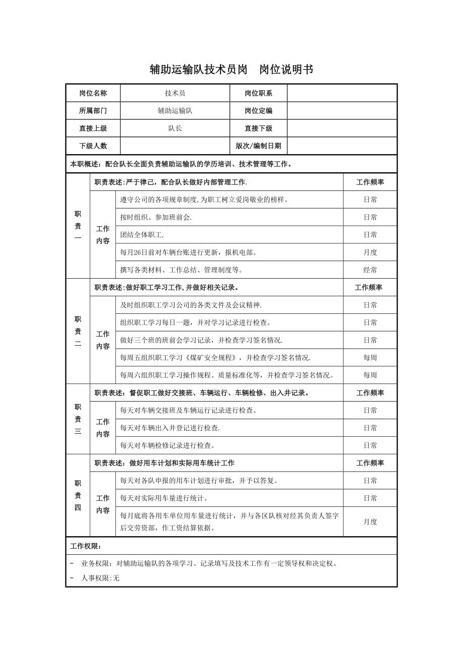 辅助运输队技术员岗位职责说明书.doc_第1页