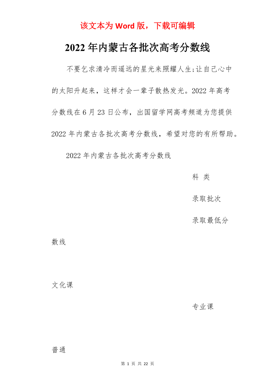 2022年内蒙古各批次高考分数线.docx_第1页