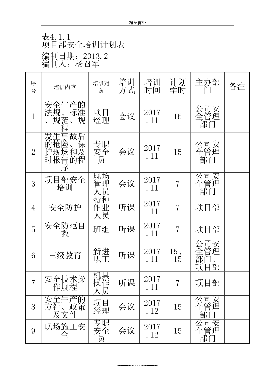 最新4.1.1项目部安全培训计划表(内容).doc_第2页