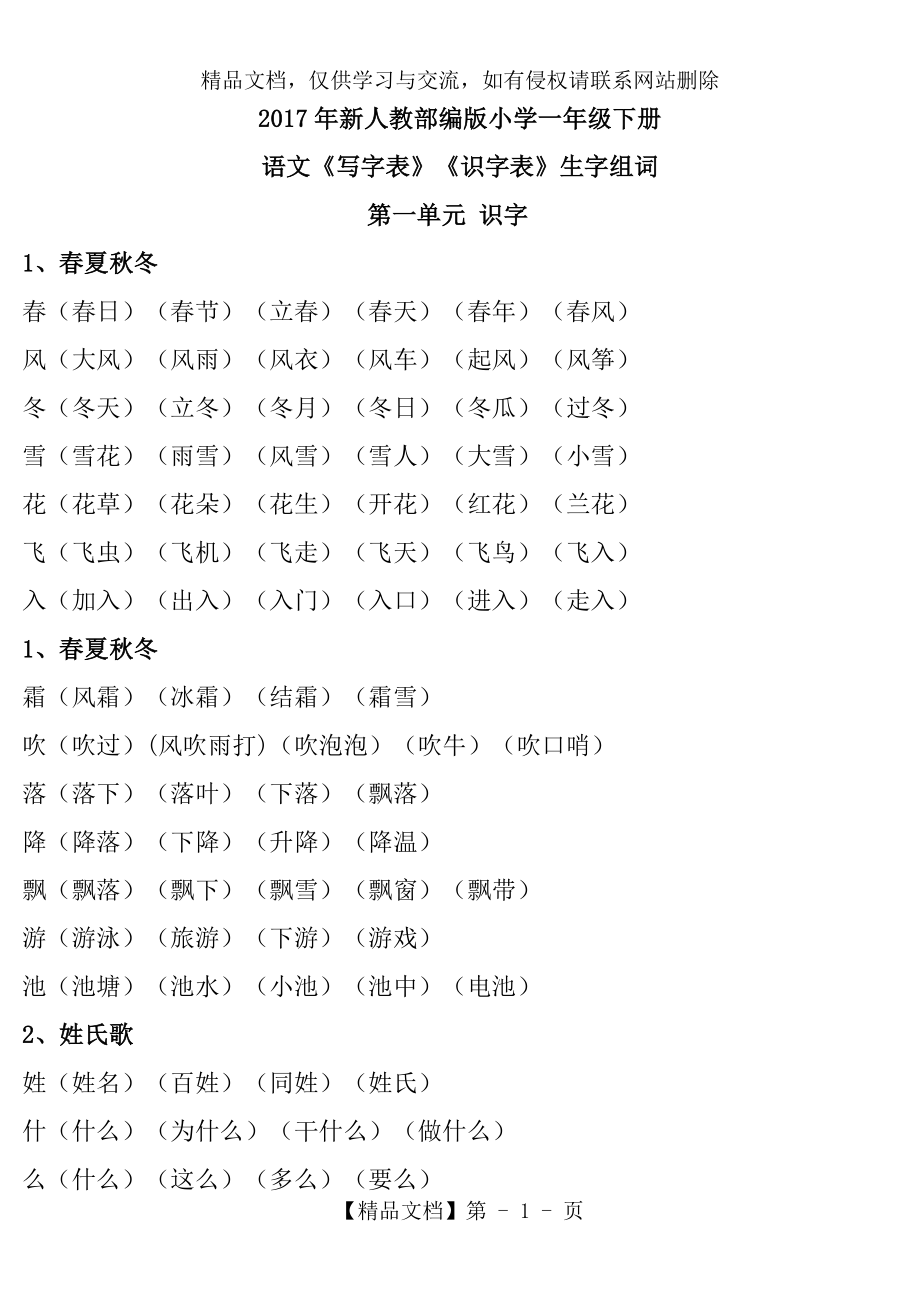 部编版语文一年级下册会写、会认字组词.doc_第1页