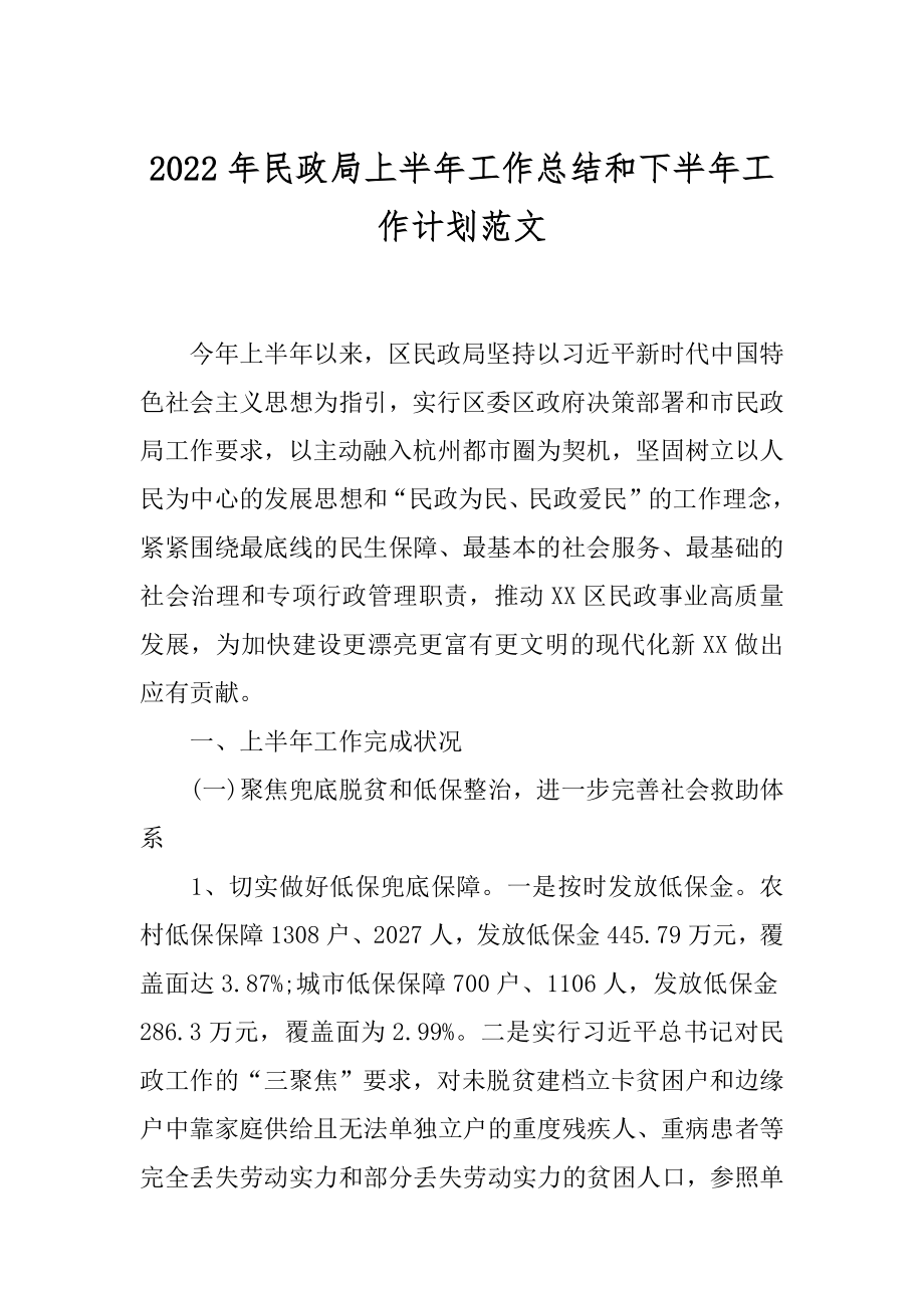 2022年民政局上半年工作总结和下半年工作计划范文.docx_第1页