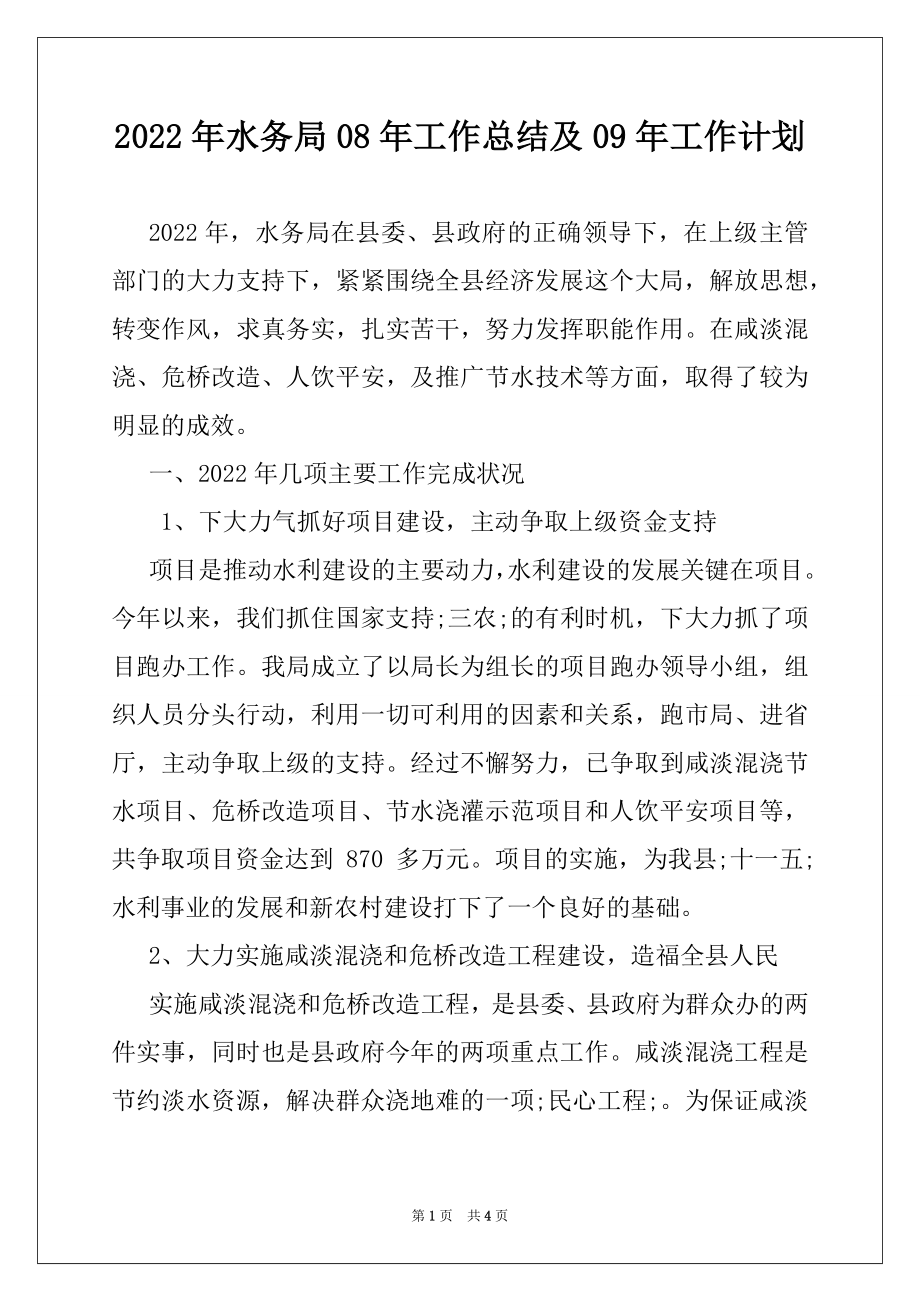 2022年水务局08年工作总结及09年工作计划.docx_第1页