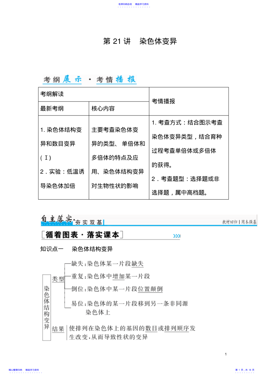 2022年【金版学案】2021年高考生物一轮复习知识点与课后训练：第7单元第21讲-染色体变异 .pdf_第1页