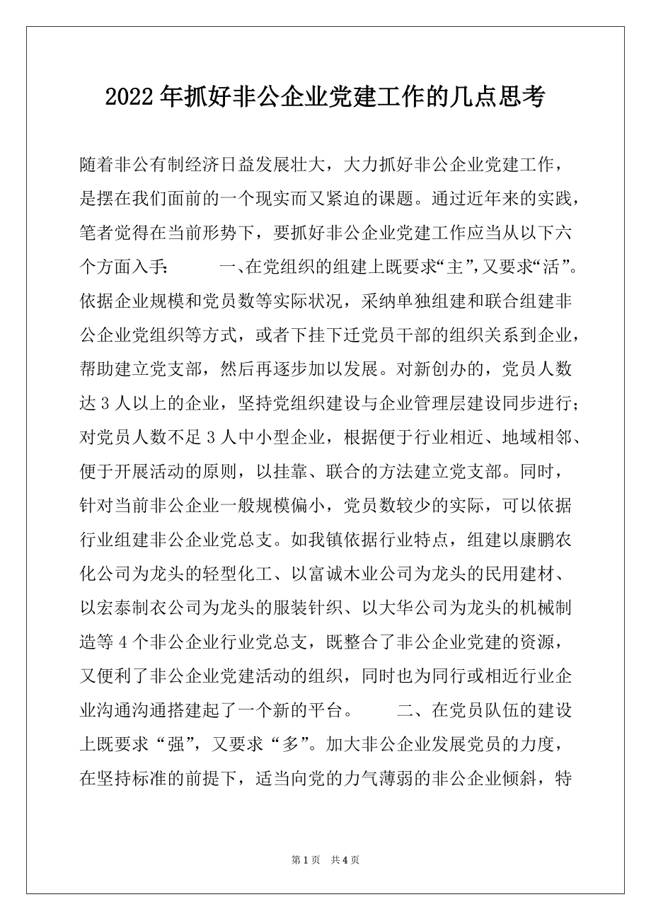 2022年抓好非公企业党建工作的几点思考例文.docx_第1页