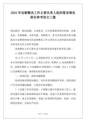 2022年巡察整改工作主要负责人组织落实情况报告参考范文三篇.docx