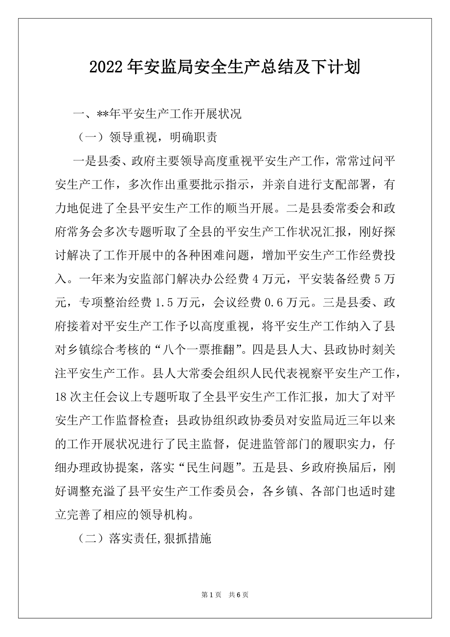 2022年安监局安全生产总结及下计划.docx_第1页