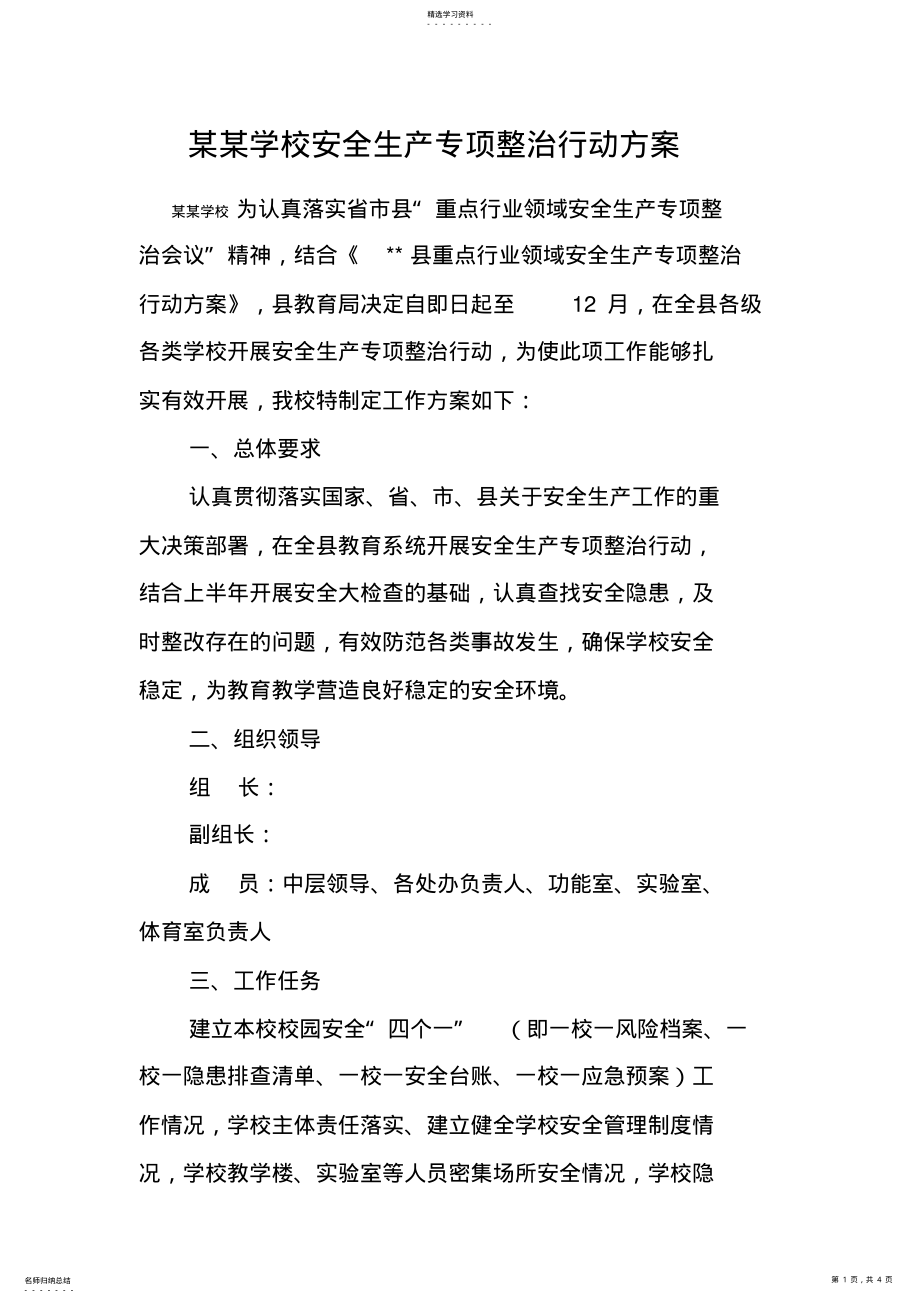 2022年某某学校安全生产专项整治行动方案 .pdf_第1页