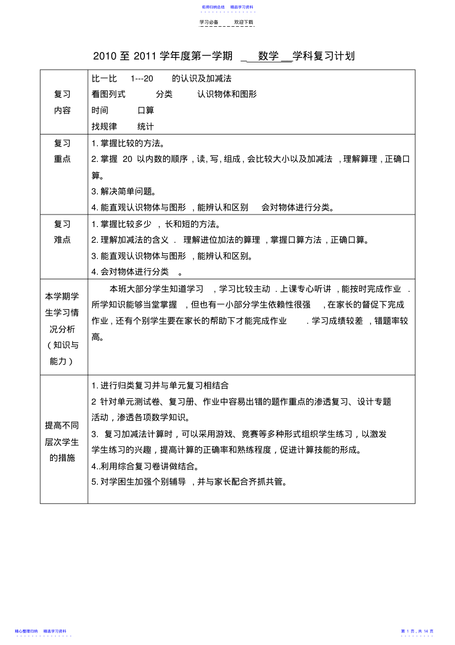 2022年一年级上册数学复习计划教案 .pdf_第1页