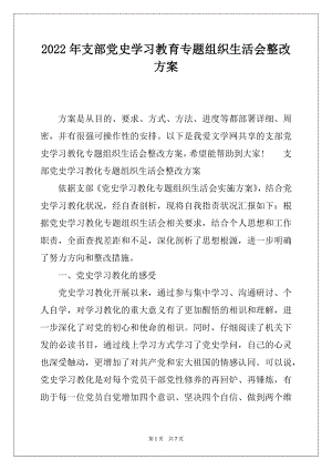 2022年支部党史学习教育专题组织生活会整改方案.docx