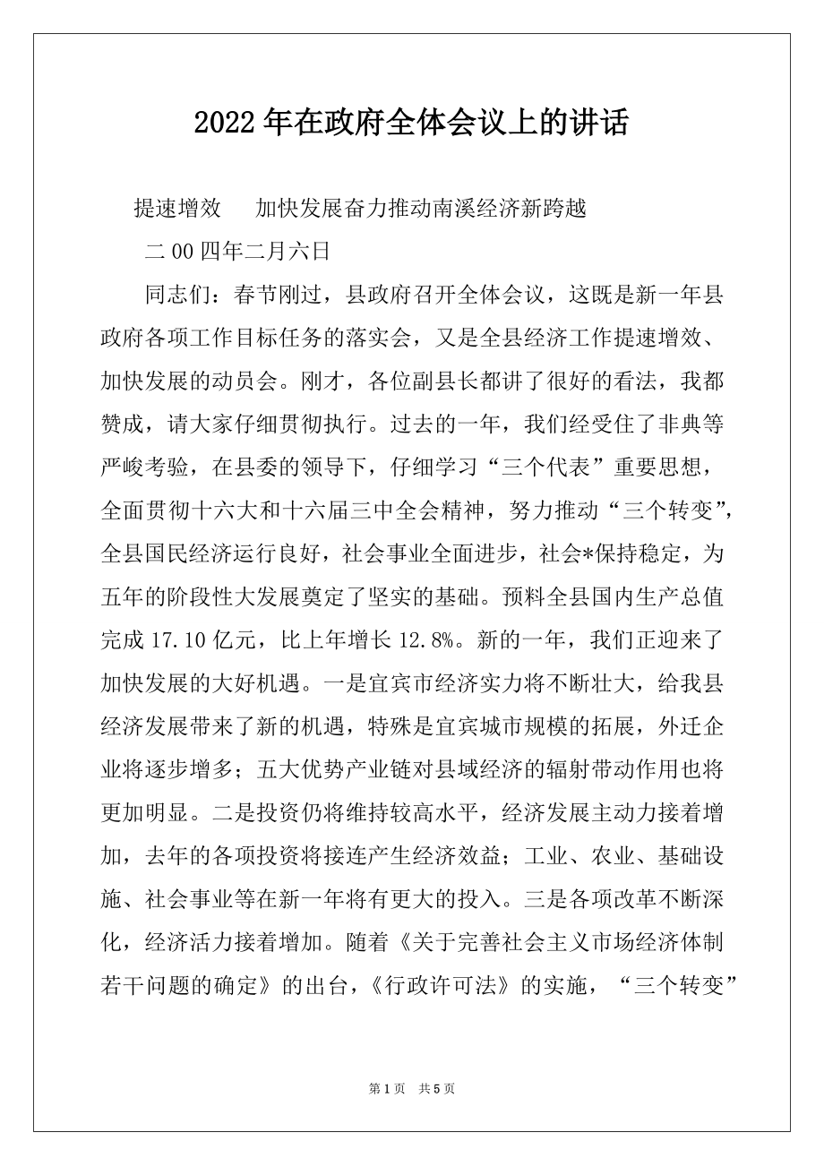 2022年在政府全体会议上的讲话例文.docx_第1页