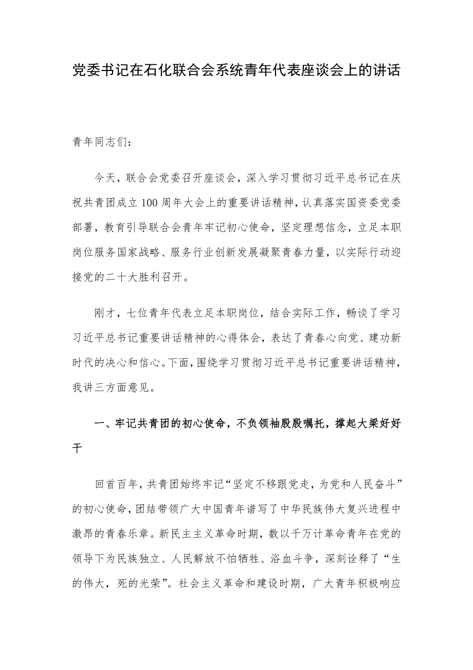 党委书记在石化联合会系统青年代表座谈会上的讲话.docx_第1页