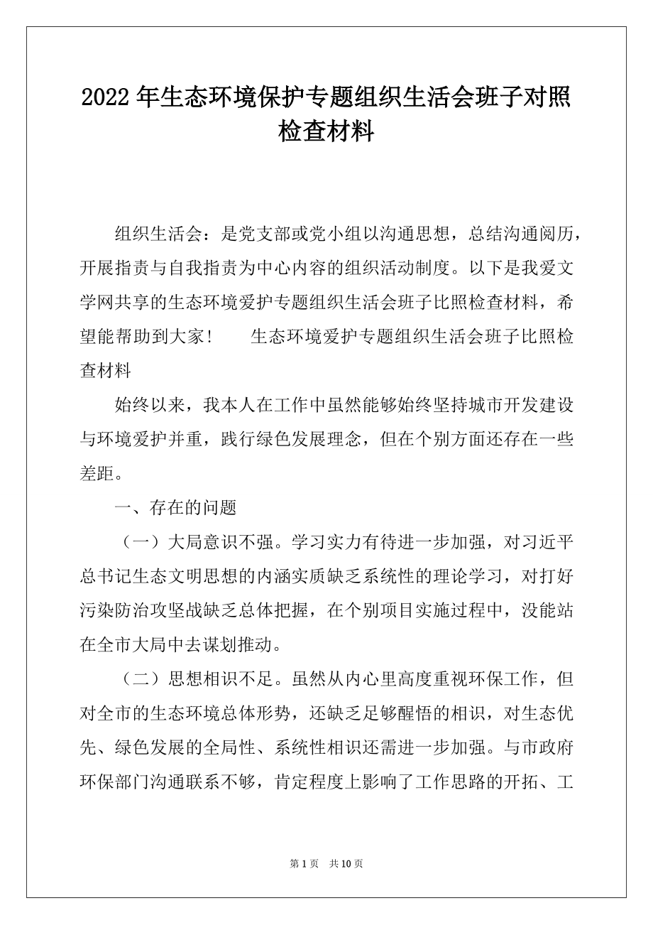 2022年生态环境保护专题组织生活会班子对照检查材料.docx_第1页