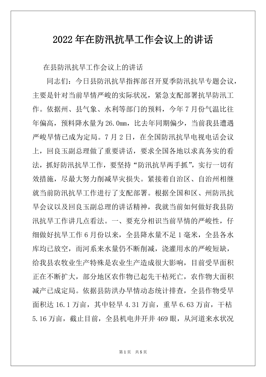 2022年在防汛抗旱工作会议上的讲话例文.docx_第1页