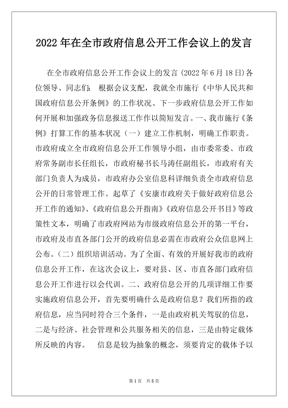 2022年在全市政府信息公开工作会议上的发言.docx_第1页