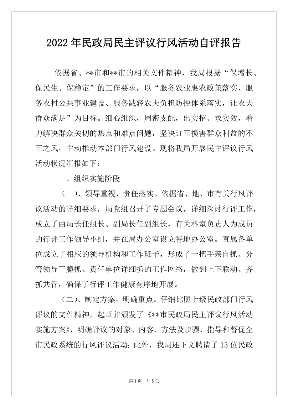 2022年民政局民主评议行风活动自评报告例文.docx_第1页