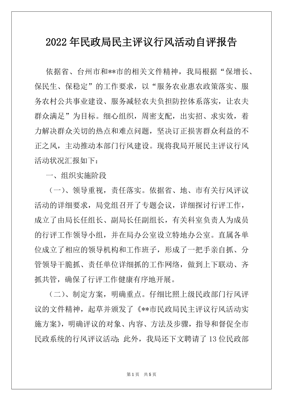 2022年民政局民主评议行风活动自评报告.docx_第1页