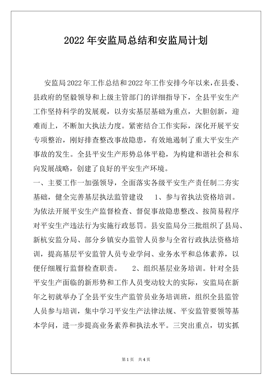 2022年安监局总结和安监局计划.docx_第1页