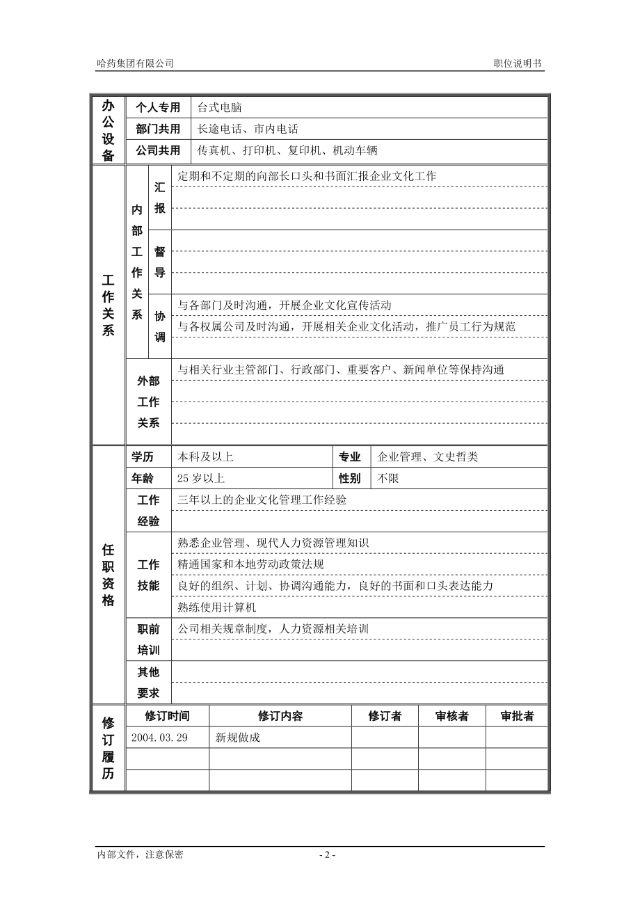 咨询管理战略组织项目麦肯锡工具评估 7人力资源部_企业文化主管_职位说明书.doc_第2页