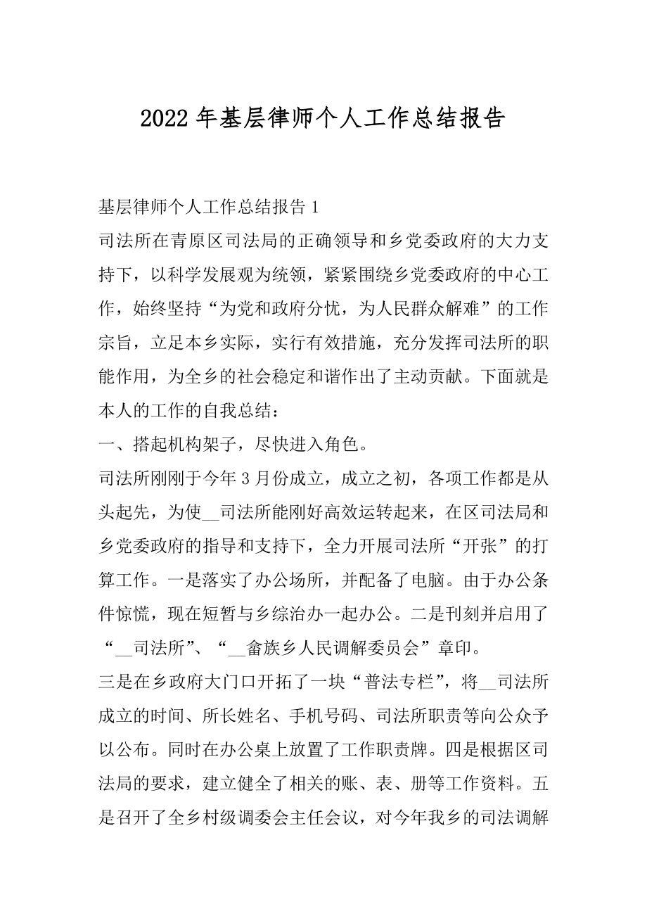 2022年基层律师个人工作总结报告.docx_第1页