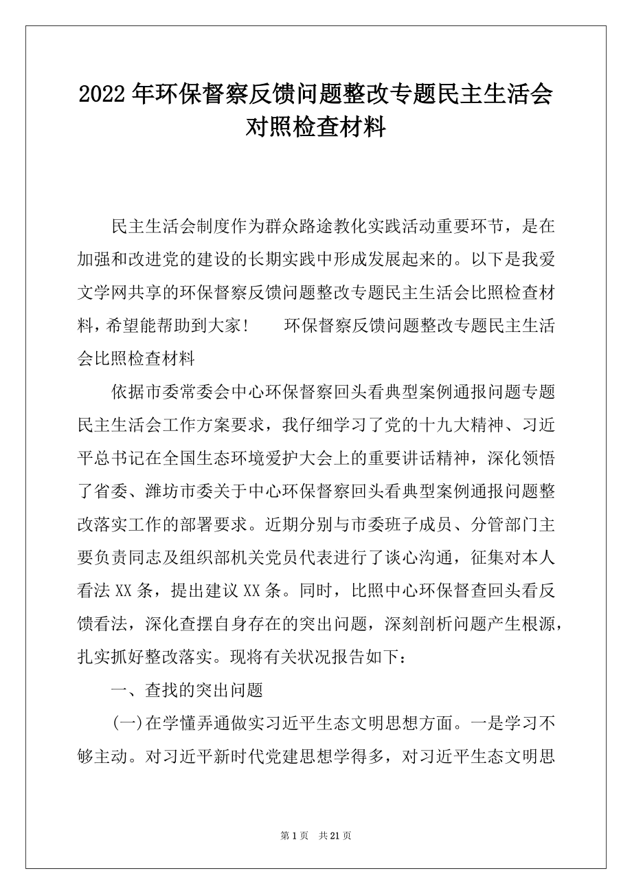 2022年环保督察反馈问题整改专题民主生活会对照检查材料.docx_第1页