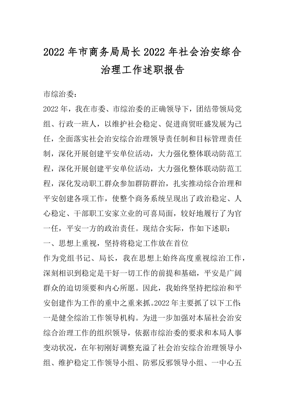 2022年市商务局局长2022年社会治安综合治理工作述职报告.docx_第1页