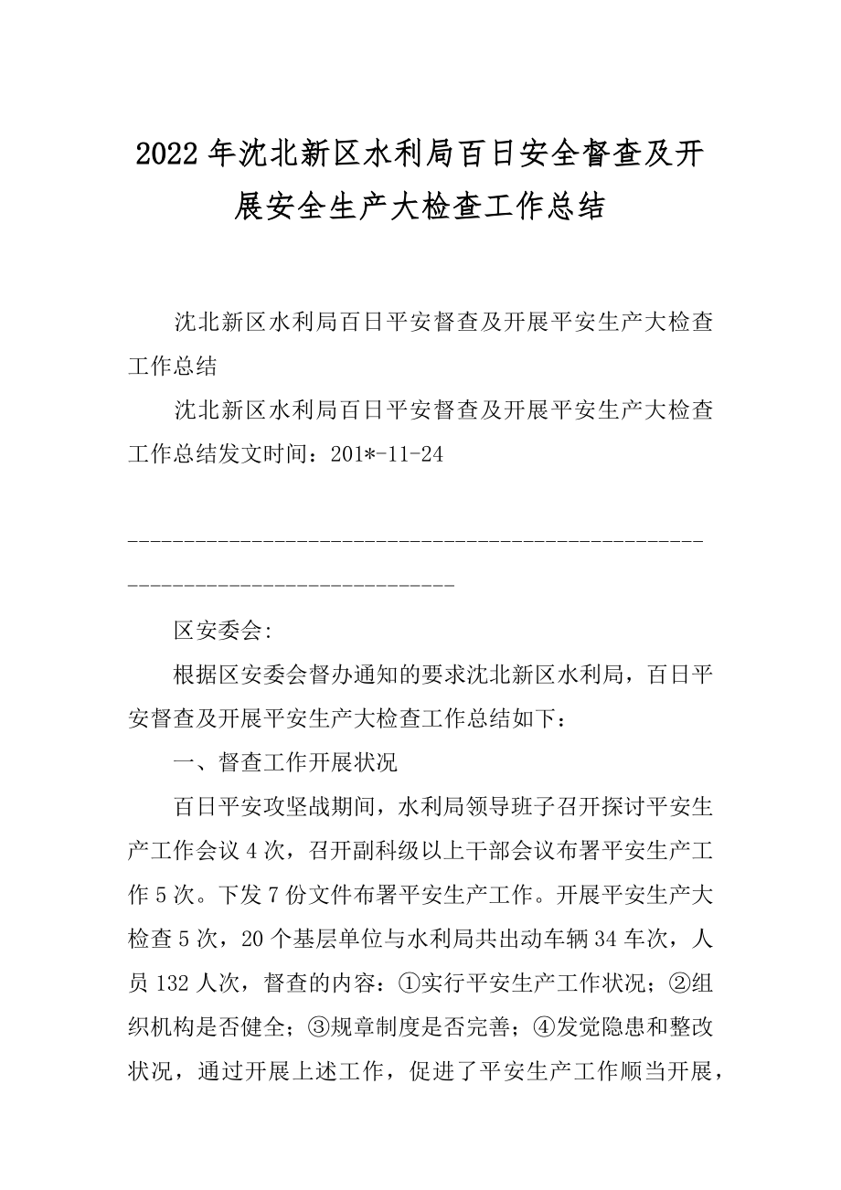 2022年沈北新区水利局百日安全督查及开展安全生产大检查工作总结.docx_第1页