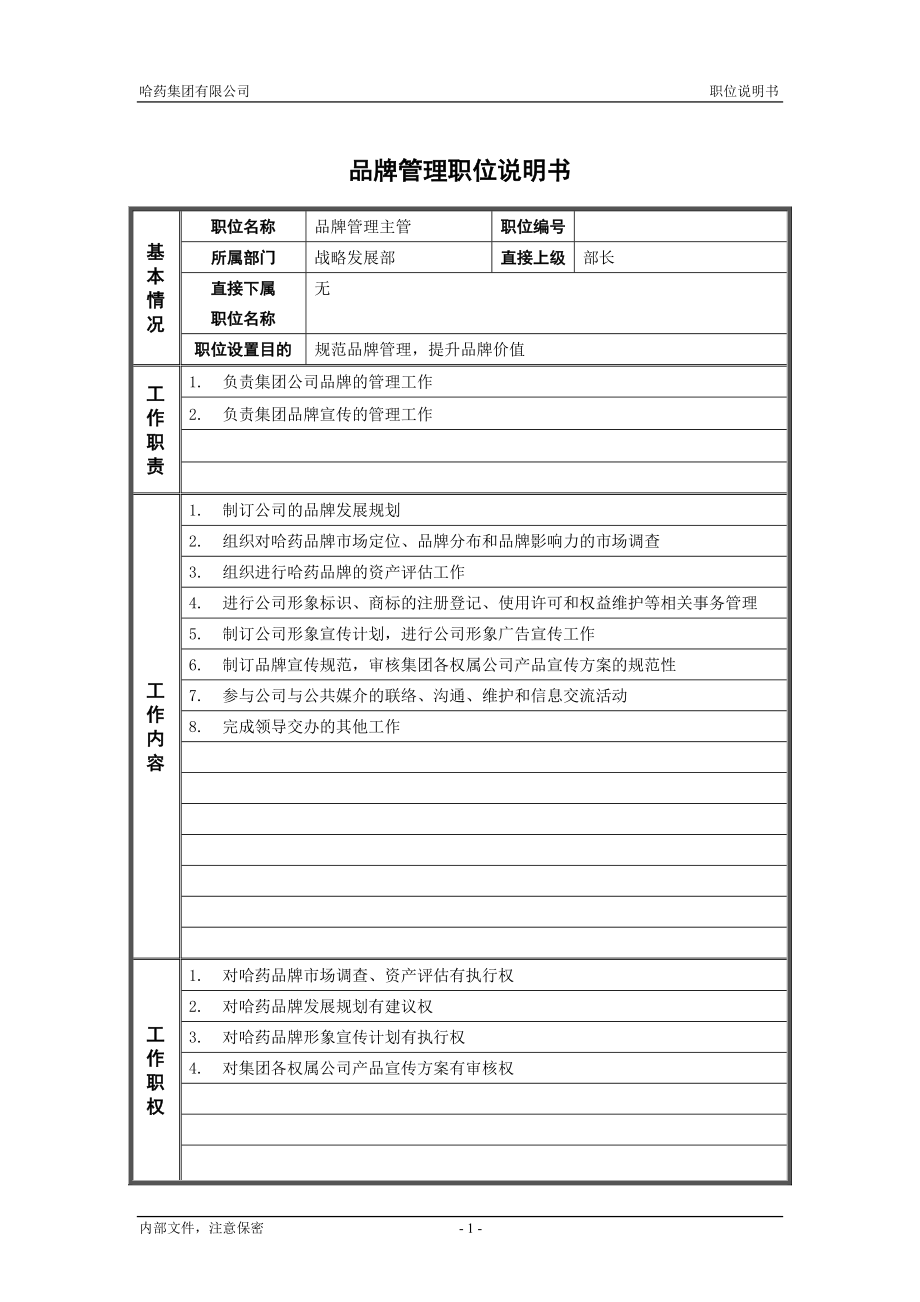 咨询管理战略组织项目麦肯锡工具评估 6战略发展部_品牌管理主管_职位说明书.doc_第1页