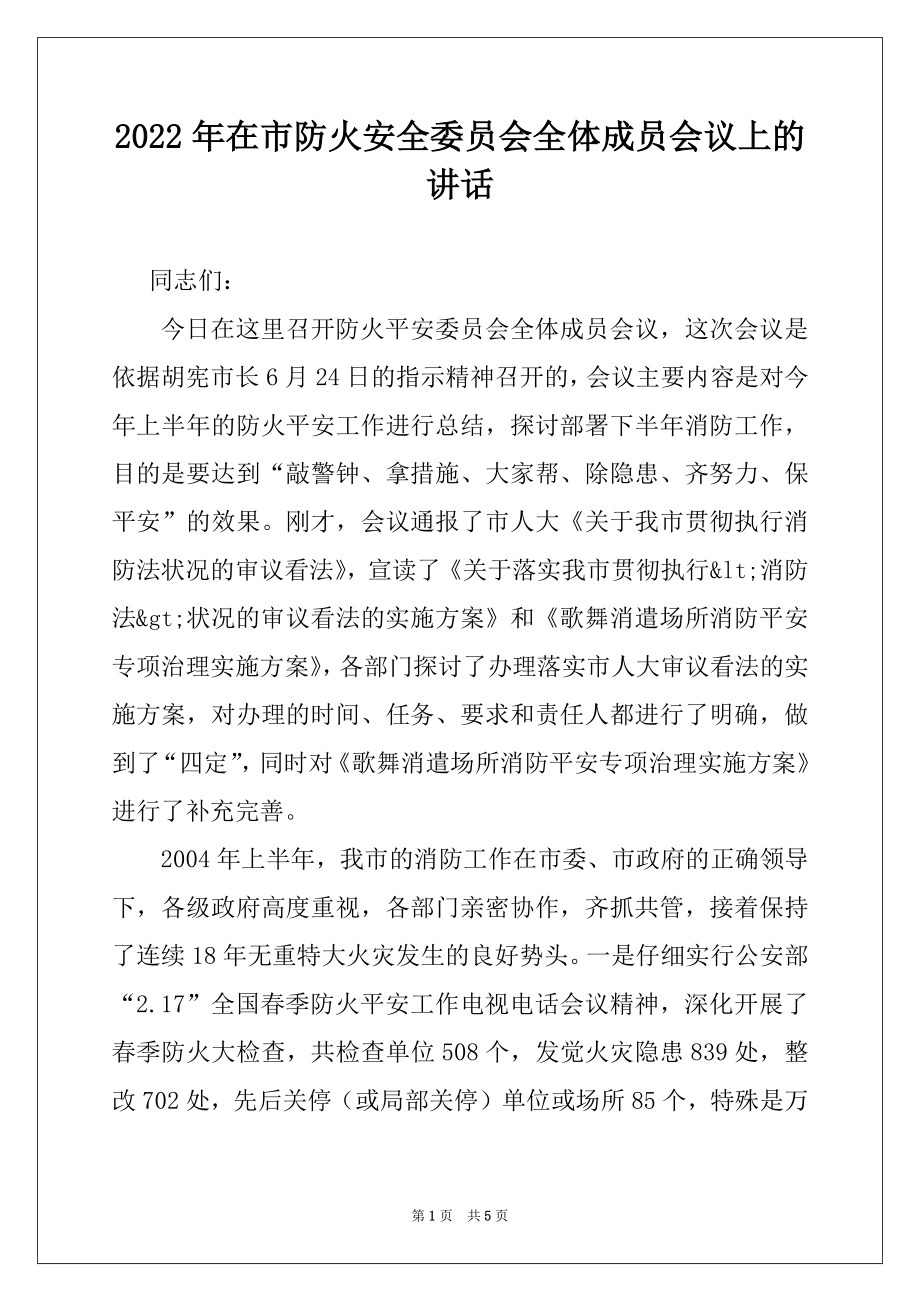 2022年在市防火安全委员会全体成员会议上的讲话例文.docx_第1页