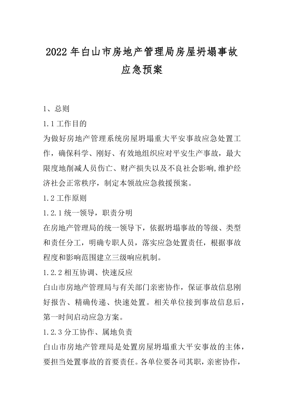 2022年白山市房地产管理局房屋坍塌事故应急预案.docx_第1页