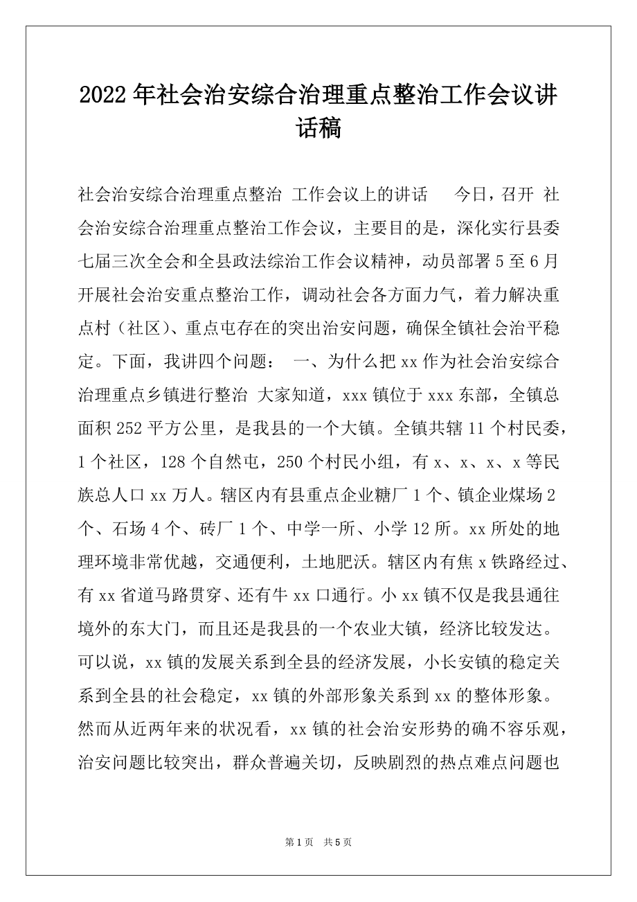 2022年社会治安综合治理重点整治工作会议讲话稿.docx_第1页