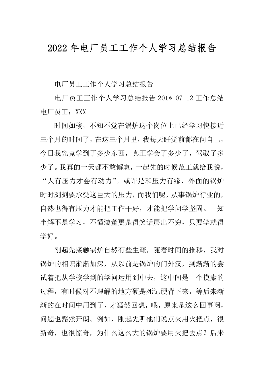 2022年电厂员工工作个人学习总结报告.docx_第1页