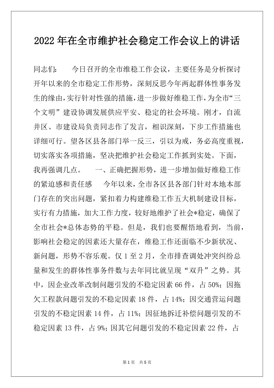 2022年在全市维护社会稳定工作会议上的讲话例文.docx_第1页