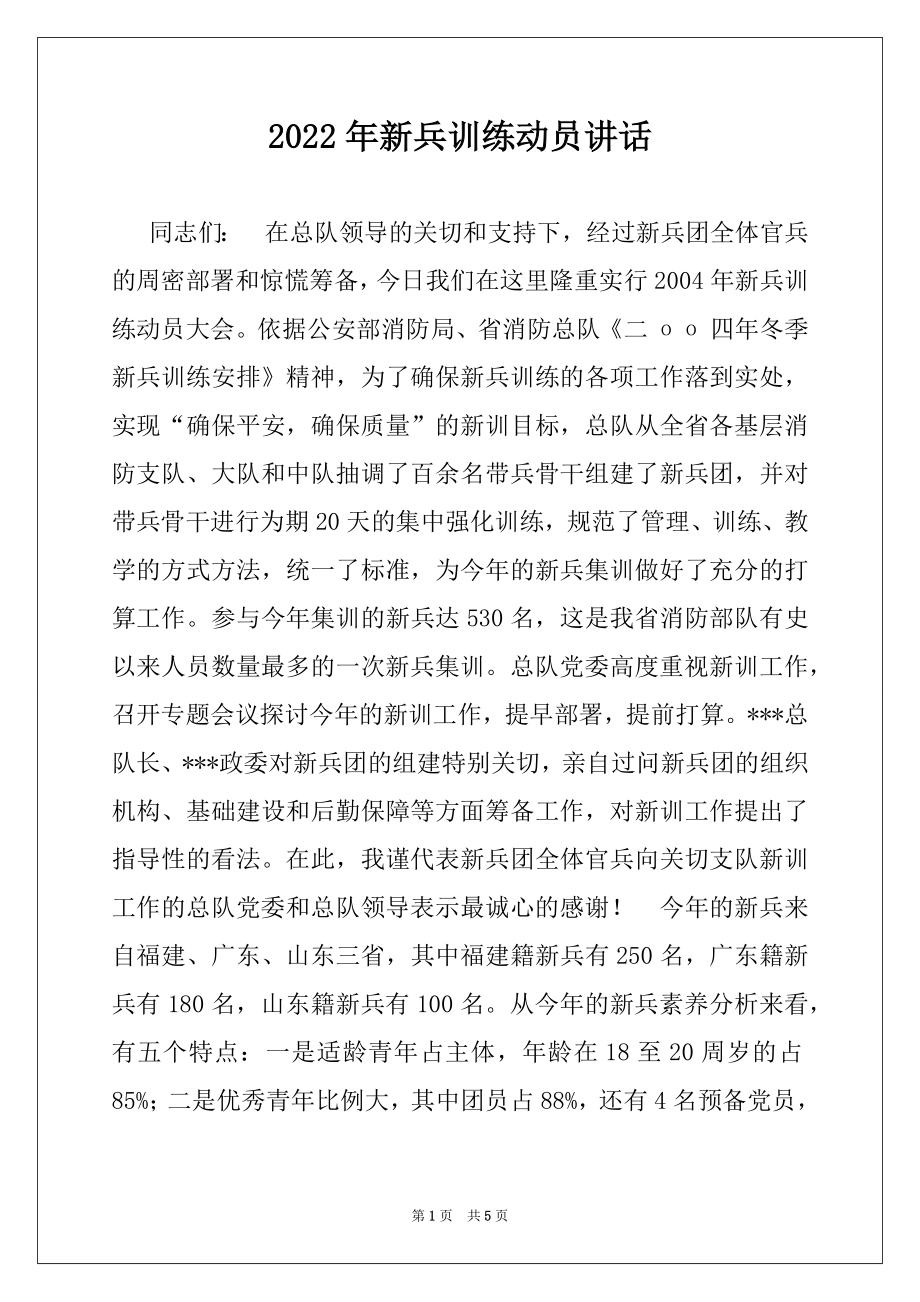 2022年新兵训练动员讲话例文.docx_第1页