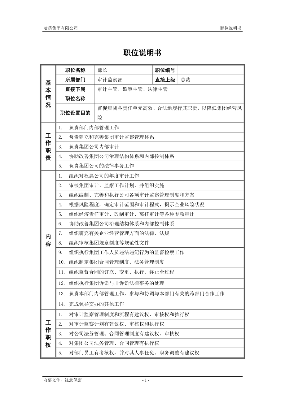 咨询管理战略组织项目麦肯锡工具评估 1审计监察部_部长_职位说明书.doc_第1页