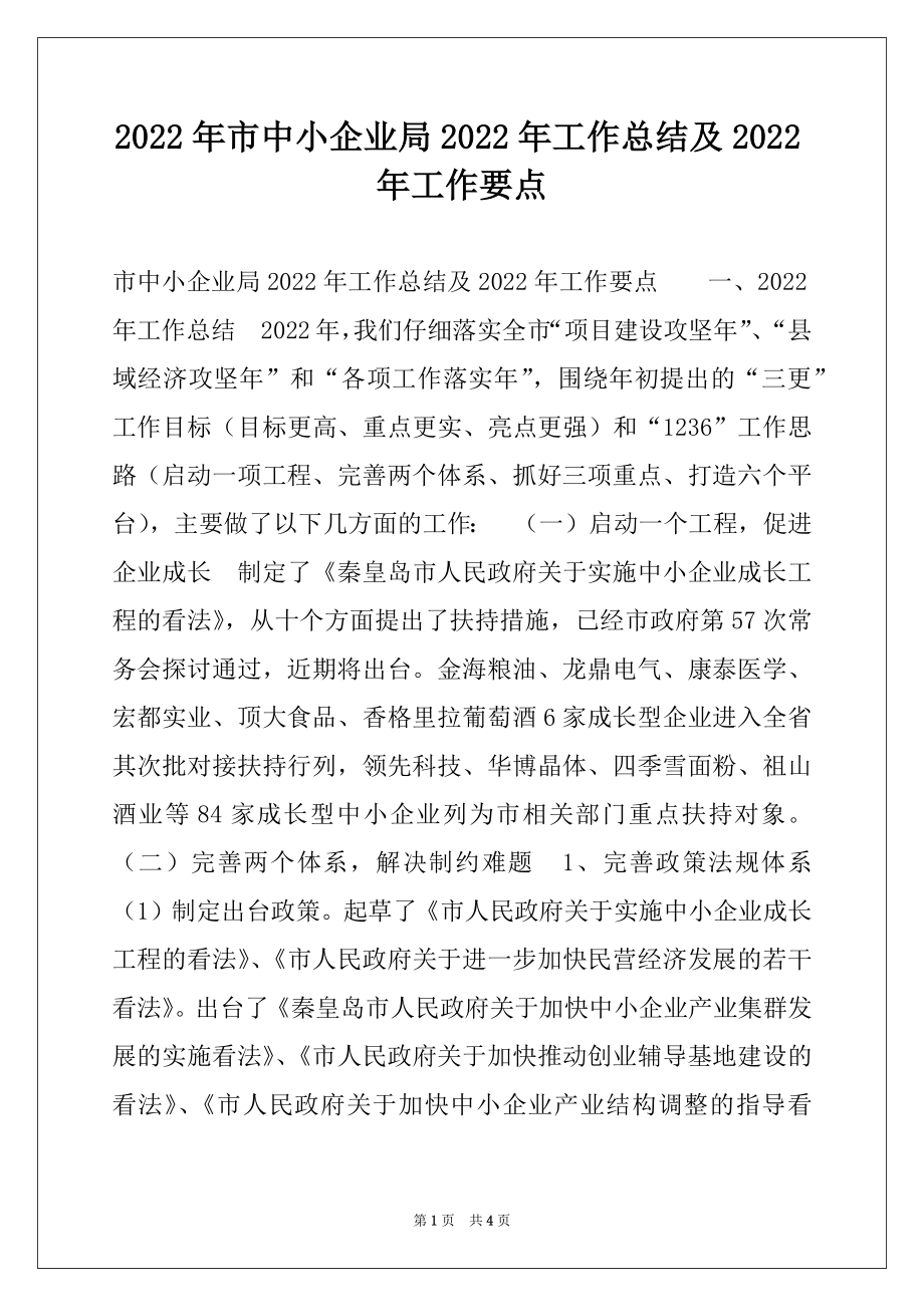 2022年市中小企业局2022年工作总结及2022年工作要点.docx_第1页